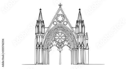 Gothic Archway Entrance Facade Line Drawing, Ornate Architectural Detail