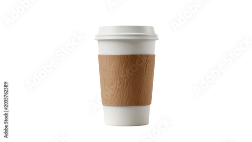 Isolated disposable paper coffee cup with brown cardboard sleeve and lid for hot drinks takeaway