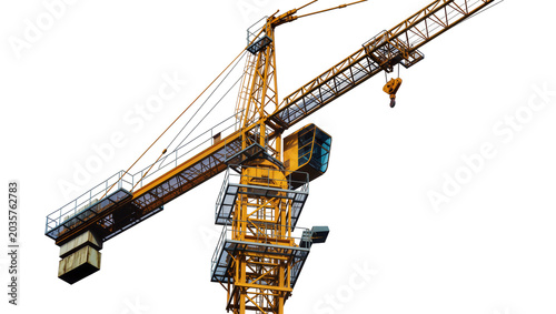 Photos Isolated heavy-duty construction crane boom with operator cabin for building sit