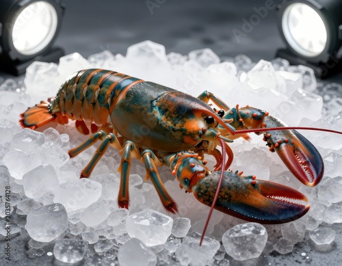 Live lobster with orange and blue coloring rests on a bed of ice, illuminated by studio lights. Use: seafood restaurant, gourmet cuisine, culinary...