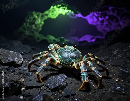Crab with intricate shell pattern on dark rocky terrain with colorful glowing cavern background. Use: nature documentary, fantasy art, deep sea exp...
