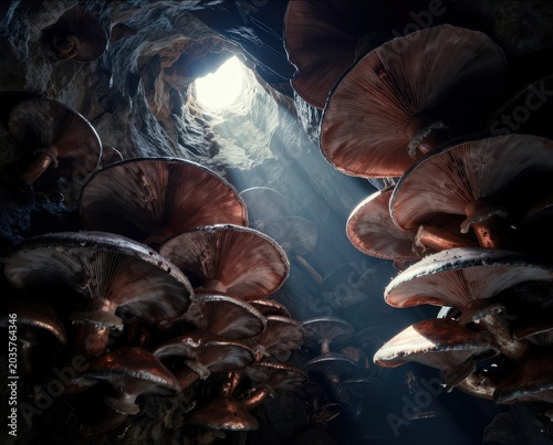 Close-up view of underside of large, luminous mushrooms clustered in a dark cavern with light streaming from above. Use: fantasy art, nature illust...