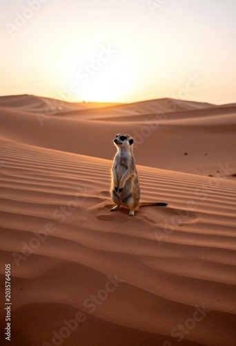 Meerkat standing alert on rippled desert sand dunes at sunrise. Use: nature documentary, travel magazine, wildlife photography.