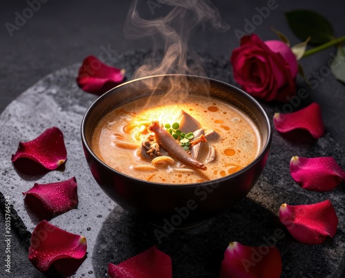Steaming bowl of creamy soup with noodles, herbs, and a chili pepper, surrounded by rose petals. Use: food photography, culinary websites, restaura...
