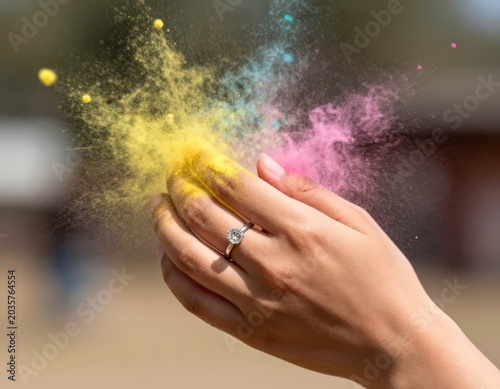 Hand with diamond ring scattering colorful powder clouds for festival celebration. Use: engagement announcement, festival promotion, creative event.