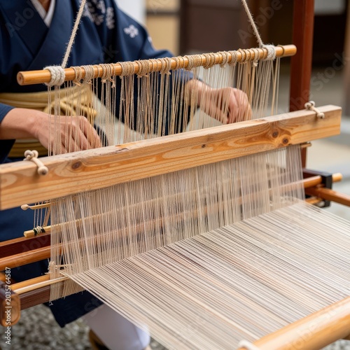 Hands weaving thread on a wooden loom, creating textile with traditional craft. Use: craft fair, textile museum, artisanal workshop.