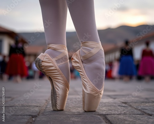 Close-up of ballet dancer's feet in pointe shoes with soft focus background Use: dance studio, performance art, fashion magazine.