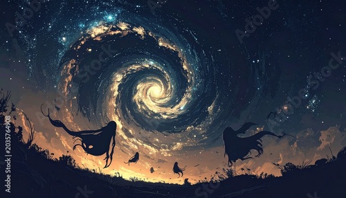 Cosmic Spiral Galaxy with Stars and Clouds.
