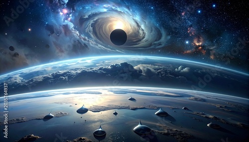 Cosmic View of Planet and Black Hole.