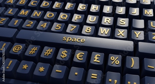 Close-up of a modern, dark keyboard with gold lettering, highlighting the space bar and letter keys for typing and technology concepts