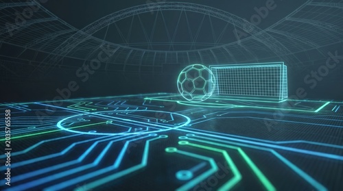 Digital Soccer Field Concept with Neon Circuit Board Graphics and Glowing Football for Sports Technology Marketing