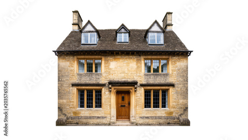 Foto Isolated traditional English stone cottage with dormer windows and classic architecture