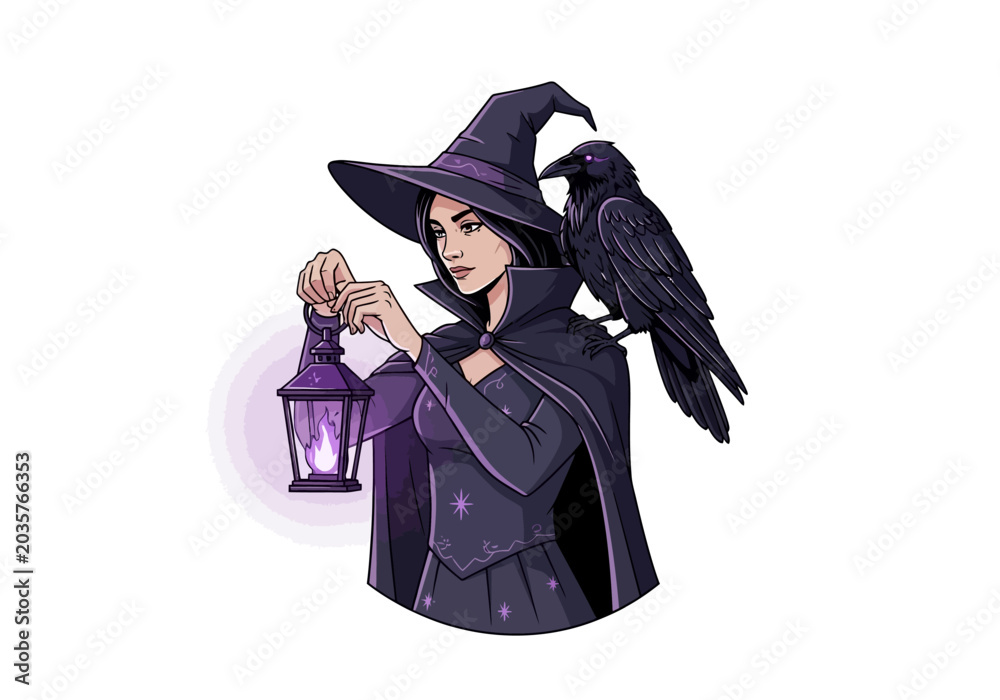 Obraz premium A mysterious witch holding a glowing lantern with a raven perched on her shoulder.