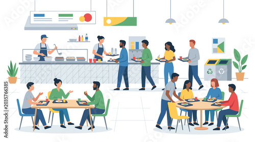 Minimalist cafeteria scene with diverse people eating and queuing