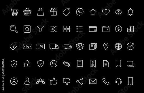 Online Shopping & E-commerce Icons Set Online shopping vector icons set featuring minimalist white linear ecommerce symbols on black background for digital store mobile application design