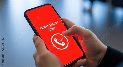 Close up of hands holding a smartphone with emergency call screen active, ready for urgent contact