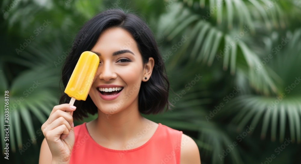 Obraz premium Joyful woman with vibrant yellow popsicle covering one eye, enjoying summer refreshment outdoors amidst lush green foliage