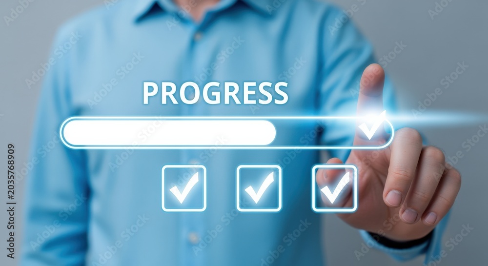 Obraz premium Business professional touches progress bar with checklist confirming successful completion of tasks