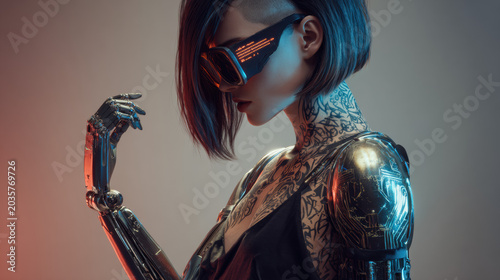 Side view of a futuristic cyberpunk female cyborg with a metallic bionic arm and extensive body tattoos, wearing smart glasses with a glowing data display interface.