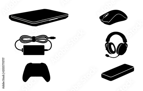 Fotografija Modern Tech Gadgets Set: Laptop, Mouse, Headphones, Controller, Power Adapter, E