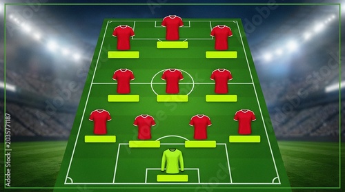 Football team lineup on a pitch showing soccer strategy chart and layout