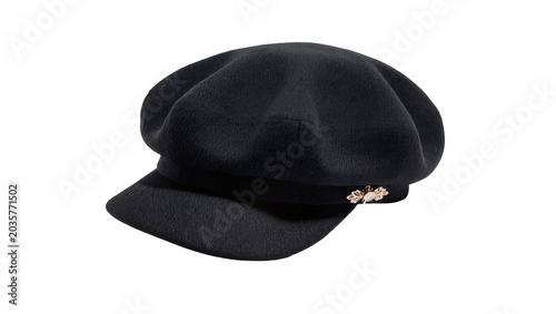 Photos Isolated classic black women's baker boy cap featuring a charming golden bee emb