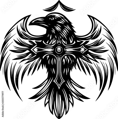 SVG vector illustration of a crow tattoo on a crossbar in dark style.
Intricate Black Raven Perched on Wooden Fence Art