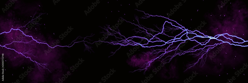 Obraz premium An abstract background header with purple lightning and sparks on a black background.