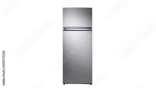 Isolated modern top-mount refrigerator in sleek brushed stainless steel finish, kitchen appliance