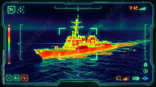 Thermal imaging screen displays a warship sailing on the ocean at night