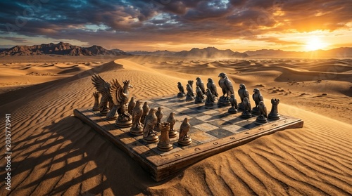 Chess game with eagle pieces set on desert dunes at sunset
