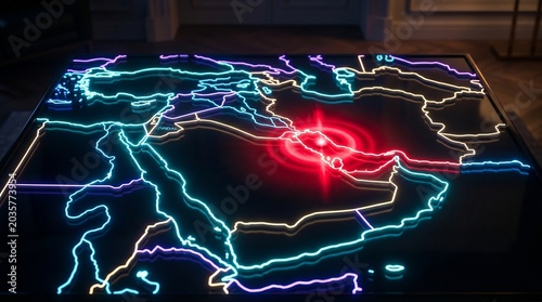 Digital map of Middle East with glowing neon borders and red alert zone