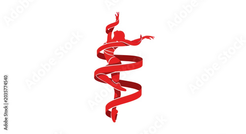 Konstfotografi Graceful Dancer Silhouette Wrapped in Red Ribbon, Elegant Performance Art