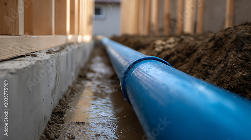 Blue Drainage Pipe Installation Alongside New Concrete Foundation and Wood Framing at a Building Construction Site