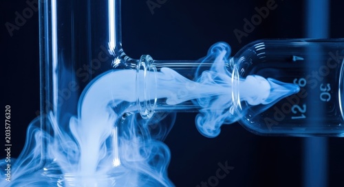 Scientific experiment with swirling blue smoke and glass laboratory equipment in dramatic lighting