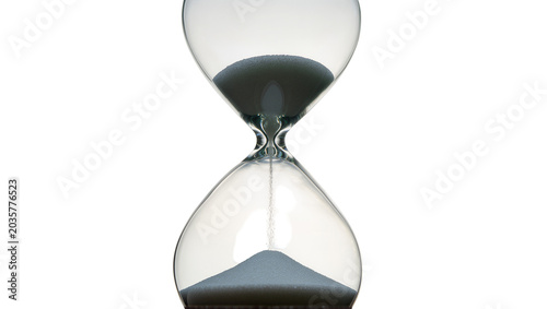 Foto Isolated classic glass hourglass with dark sand flowing, concept of time passing