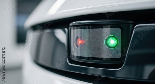 Close-up of advanced automotive lidar sensor with green and red indicator lights, showcasing modern technology
