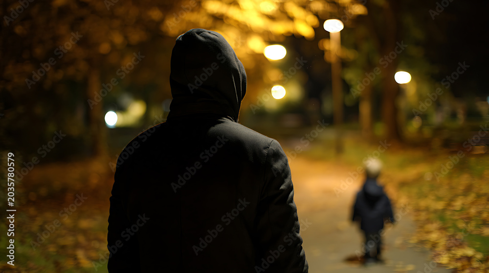 Fototapeta premium Adult in Hooded Jacket Follow Small Child Through Dark Park at Night, Illuminated Path Suggests Solitary Travel, Mystery, and Pursuit