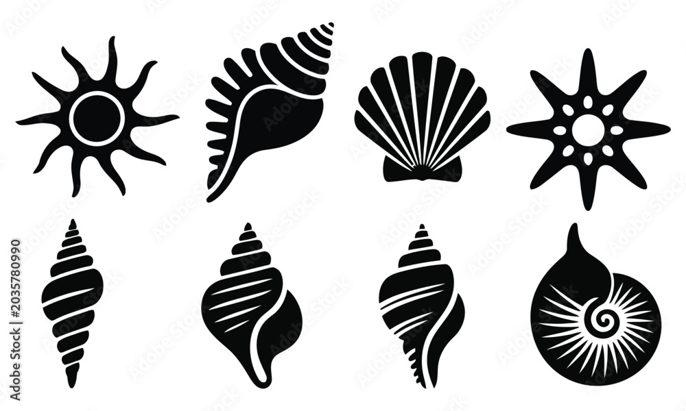 Fototapeta premium Sea Shell and Starfish Silhouette Vector Set Illustration 