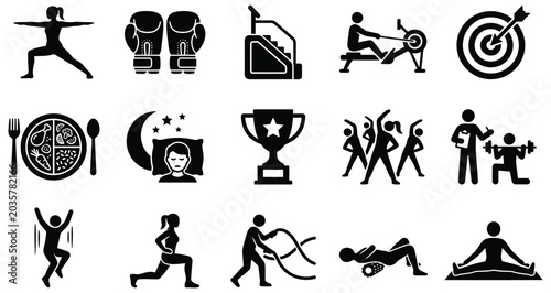 Collection of black and white sports and competition icons set on isolated background