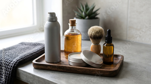 Men's grooming products on a wooden tray for shaving routine