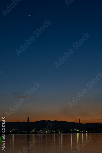 Blue Hour Industrial Night View and Reflections in Shunan City Japan