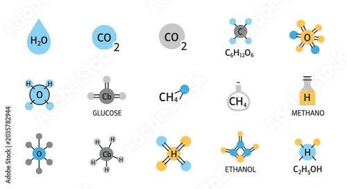 Collection of Chemical Molecule Icons and Formulas.