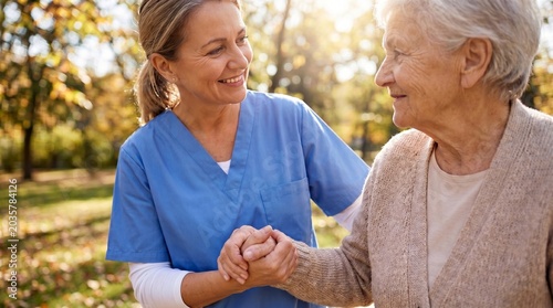 Smiling female caregiver in blue scrubs holding hands with an elderly woman while walking in a sunny autumn park, senior homecare and companion concept