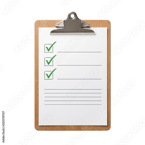 Wooden clipboard with a checklist paper featuring green check marks for isolated on transparent background