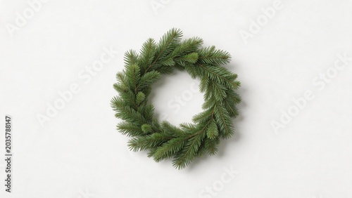 Circular green pine wreath on white background