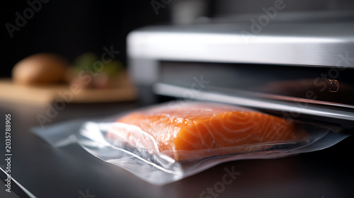 Fresh salmon fillet in a vacuum seal bag near a modern kitchen appliance, ready for sous vide cooking or extended food preservation