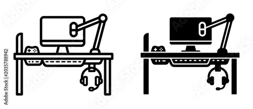 Gaming Desk Setup Icons, Computer Workstation, Headset, Monitor, Vector Graphics