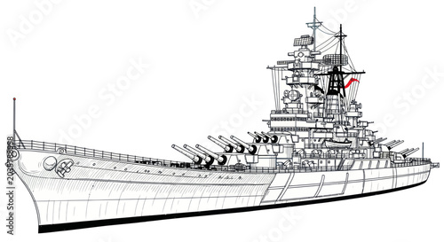 Fotografie Vintage Battleship Illustration - Military Naval Vessel Drawing