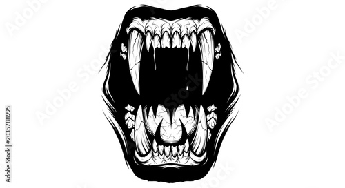 Foto Fierce Beast Mouth with Sharp Teeth, Horror Monster Jaws, Scary Animal Emblem